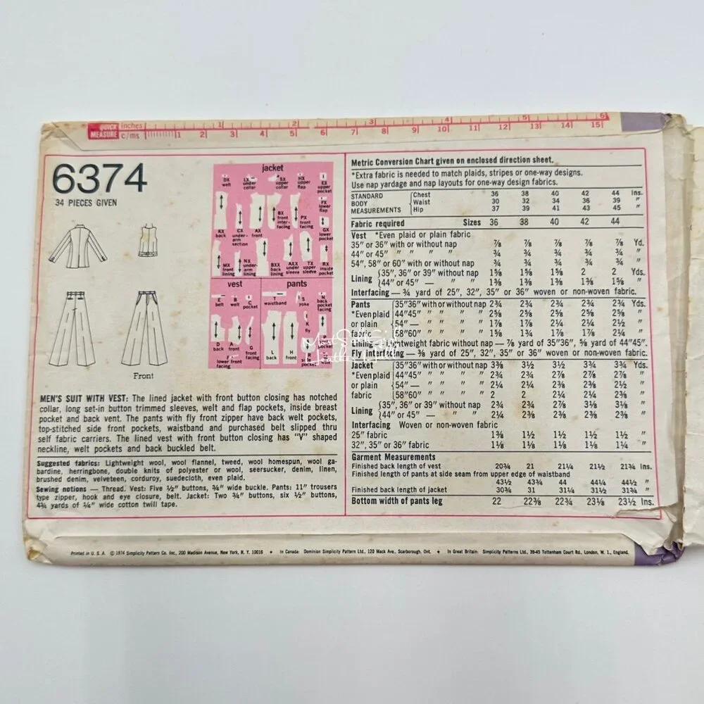 Simplicity 6374 UNCUT Mens Suit With Vest Sewing Pattern Size 36 Vintage 1974